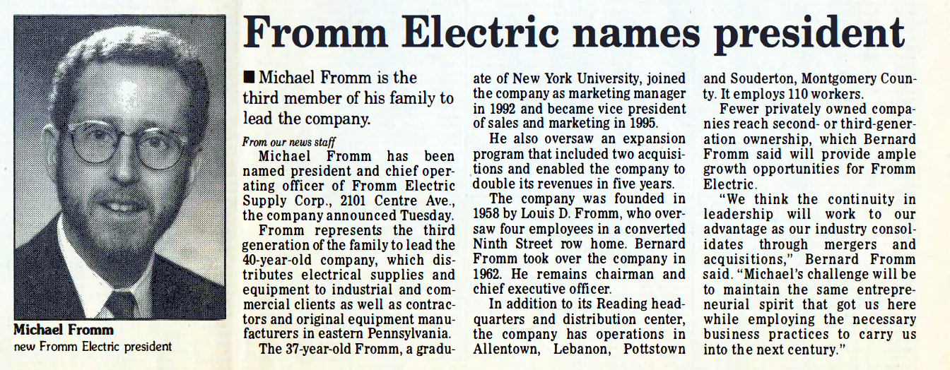 Article in the Reading Eagle in 1998, announcing Michael Fromm as the new president.